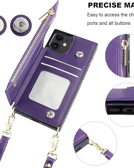 Bocasal Crossbody Wallet Case for iPhone 12/12 Pro with Card Holder,Zipper Card Slot Protector Shockproof Purse Cover with Removable Cross Body Strap 6.1 Inch(Purple)