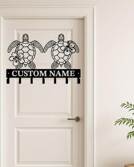 Casebrick Custom Sea Turtle Metal Wall Hooks,Key Holder-Personalized Iron Wall Decor for Keys, Coats & Home Organization (Black, Handmade,Decorative for Entryway, Beach,Bedroom,Office) (Style D)