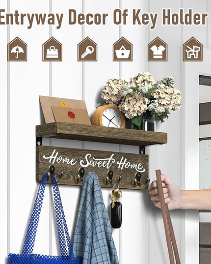 buways Wall-Mounted Key and Mail Holder, Wooden Key Rack with 4 Double Key Hooks, Rustic Home Decor for Entryway