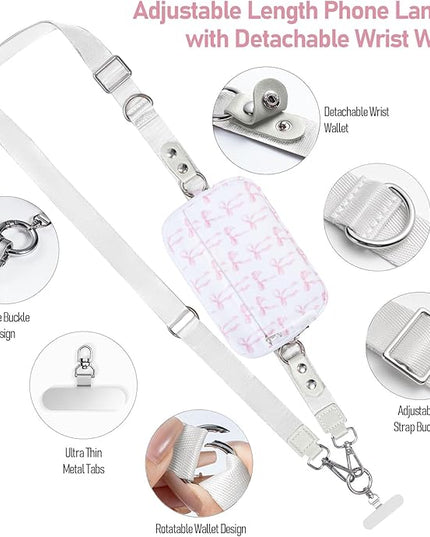 Clip and Go Strap for Phone with Wallet Crossbody Phone Lanyard and Detachable Checkered Bag with ID Window and RFID Pouch for Daily Travel. Bow