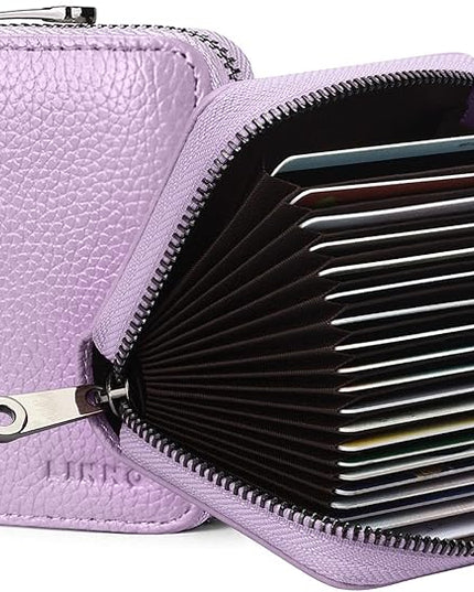 Linno RFID 20 Slots Credit Card Holder Genuine Leather Small Wallet for Women or Men with Zipper