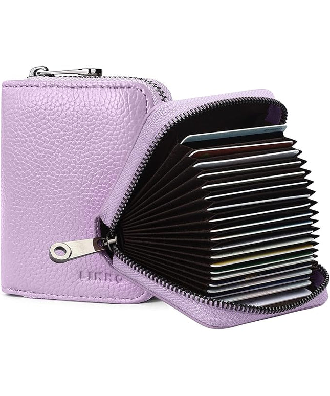 Linno RFID 20 Slots Credit Card Holder Genuine Leather Small Wallet for Women or Men with Zipper