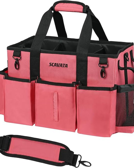 Wearable Cleaning Caddy Bag, Cleaning Caddy Supplies Organizer with Handle & Shoulder Straps for Housekeepers, Under Sink & Car Cleaning Tool Organizers with 4 Foldable Divider (RoseRed)