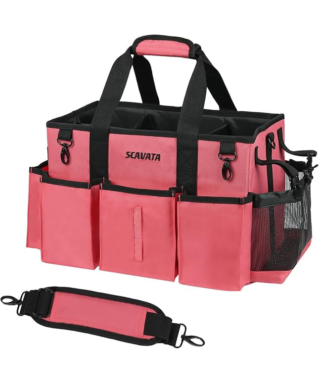 Wearable Cleaning Caddy Bag, Cleaning Caddy Supplies Organizer with Handle & Shoulder Straps for Housekeepers, Under Sink & Car Cleaning Tool Organizers with 4 Foldable Divider (RoseRed)
