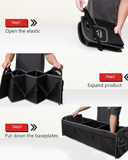 M KARMATER Car Trunk Organizer,Machine Washable PP Materials 3 Compartments Car Storage,95L Waterproof Polyester Cars Accessories Organizer and 6 Pockets, Suitable for SUV, Minivan, Truck(Black)