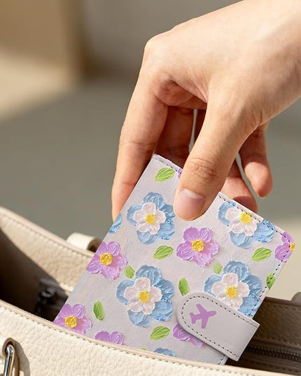 Passport Holder, Travel Wallet Cover with Pen Loop | Cute RFID Blocking Leather Case with Magnetic Closure for Travel Essentials-Flower