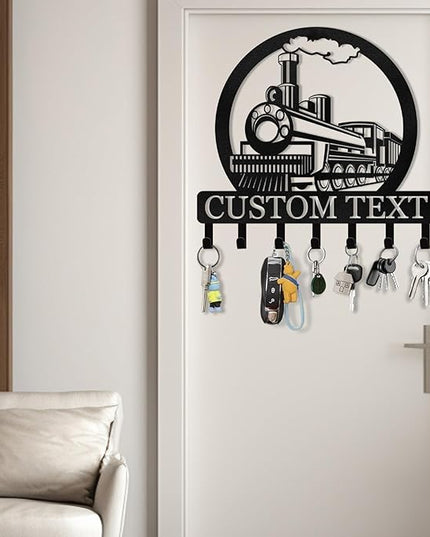 KAINSY Personalized Metal Key Holder for Wall, Custom Name Rack Wall Mount With Hooks, Train Design Hanger, Organizer Wall Decor for Entryway, Front Door, Hallway, Bedroom, Cabin
