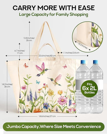 Large Canvas Grocery Tote Bag - Reusable Extra Large Shopping Shoulder Bags with 6 Inner Pockets & 2 Handle Strap