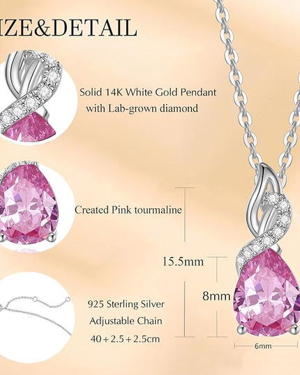 FANCIME 14K Solid White Gold Teardrop Pendant with Diamond Birthstone Necklace