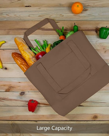 TOPDesign 3-Pack Canvas Tote Bags with an External Pocket, Reusable Grocery Shopping Bags, Top Zipper Closure, Daily Essentials (Brown)