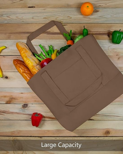 TOPDesign 1-Pack Canvas Tote Bag with an External Pocket, Reusable Grocery Shopping Bag, Top Zipper Closure, Daily Essentials (Brown)