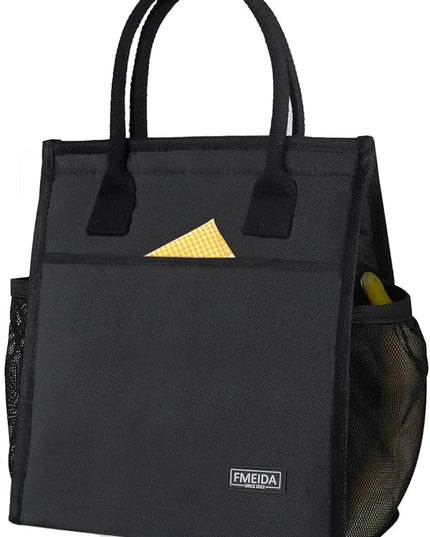 Fmeida Insulated Lunch Bag Women Men, 9L Large Lunch Bags with Multiple Pockets, Reusable Thermal Cooler Tote for Work, Office, Picnic, Travel | Hook and Loop Closure, Black
