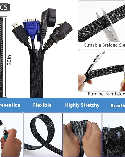 ELII 302PCS Cable Management Kit 4 Cable Sleeve,45Cable Clips,11Cable Holders,22 Roll Cable Organizer Straps and 200 Fastening Cable Ties,20 Cable Zip Tie Mounts Computer Under Desk (Black)