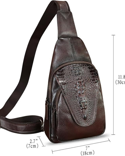 Genuine Leather Sling Bag Embossed Crocodile Pattern Leather Crossbody Sling Backpack Handmade Chest Purse Daypack (Coffee)