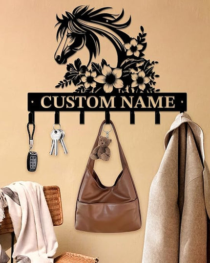 Personalized Custom Name Farm Horse Wall Key Hooks,Metal Horse Art Clothes Hooks,Metal Horse Wall Home Storage Decorative,For Front Door, Hallway, Kitchen, Bedroom,Keys,Hats (Style I)