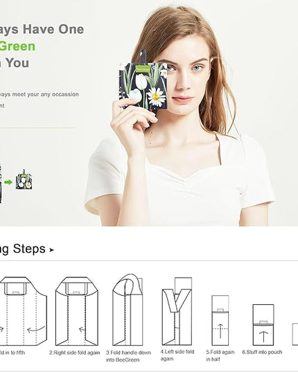 BeeGreen Flowers Reusable Grocery Bags Reusable Kitchen Bags Bulk Foldable-Machine Washable with Zipper Storage Pouch 6 Packs