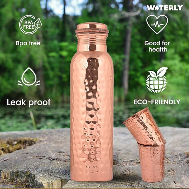 Hammered Copper Water Bottle (34 Oz /1000ml) With Set Of 2 Tumbler (10 Oz/300ml Each) | Best use for Office,Gym & gifts |100% Pure Copper Material with Leak proof Quality Made In India