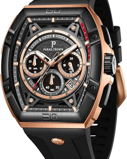 Paras Crown Watches for Men Tonneau 5ATM Waterproof Quartz Luxury Chronograph Analog Men's Wrist Watches Stainless Steel Case Mens Watches
