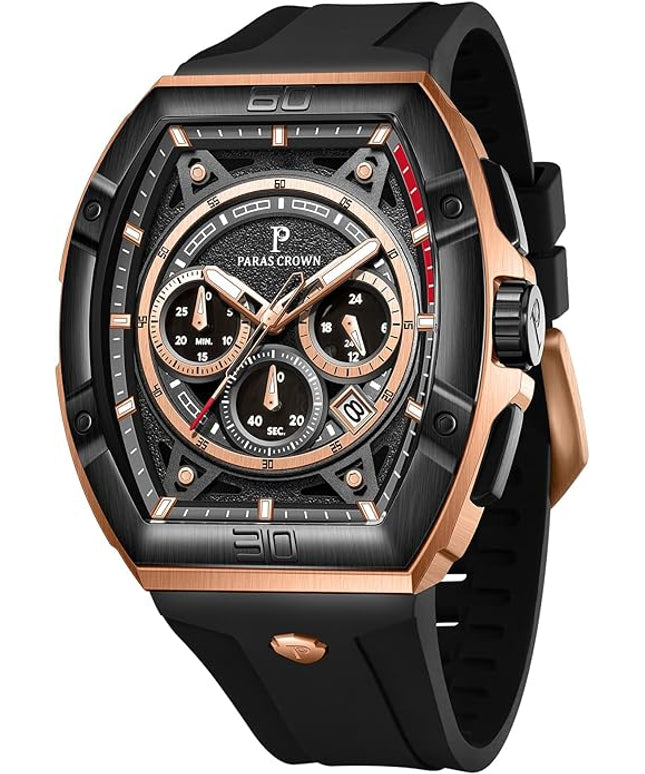Paras Crown Watches for Men Tonneau 5ATM Waterproof Quartz Luxury Chronograph Analog Men's Wrist Watches Stainless Steel Case Mens Watches