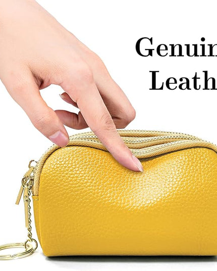 LINNO 3 Zippered Genuine Leather Coin Purse Triple Capacity Change Pouch Little Travel Wallet With Key Ring for Women