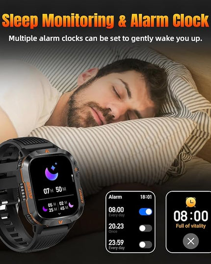 QTLLBT Military Smartwatch, Answer Make Calls LED Flashlight Barometer Compass 2.01HD IP68 Waterproof Outdoor Tactical Watch 100+ Sports Modes Sleep Heart Rate Available for Android iOS (Steel Band)