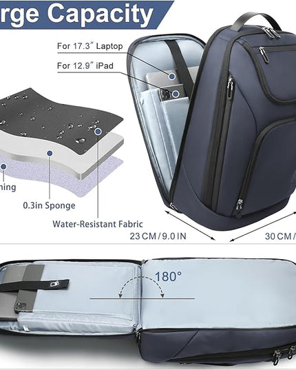 hk Business Smart Backpack for Men Anti-Theft for 17.3 Inch Laptop with USB Charging Port Water-Resistant Large Durable Compact 30L for Travel College Work-Deep Blue