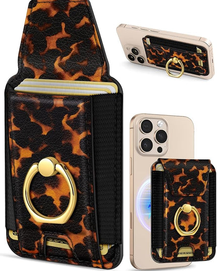 Shorogyt Compatible with Magsafe Wallet with Ring Grip Magnetic Card Holder - Cute Phone Wallets with Stand for iPhone 17/16/15/14/13/12 Series for Women Girls Brown Leopard Design, Fit 7 Cards