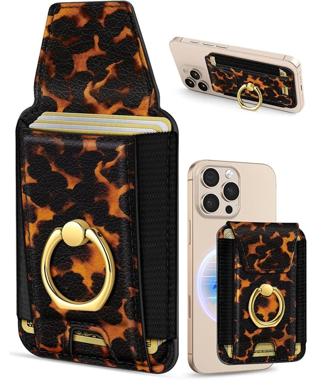 Shorogyt Compatible with Magsafe Wallet with Ring Grip Magnetic Card Holder - Cute Phone Wallets with Stand for iPhone 17/16/15/14/13/12 Series for Women Girls Brown Leopard Design, Fit 7 Cards