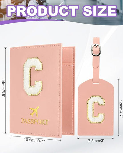 PATIKIL Passport Holder for Travel, Initial Passport Cover and Luggage Tag Set with Alphabet Chenille Letter Patch Travel Wallet Bag Suitcase Identifier for Women Family Travel Pink C