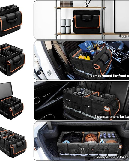 Car Trunk Organizer and Storage with Lid & Removable Leakproof Cooler Bag, Car Accessories 6 Removable Dividers for Custom Space, Collapsible Large Trunk Organizers Interior for SUV Sendan with Cover