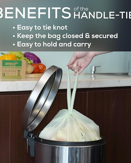 ANECO 8 Gallon Compostable Kitchen Food Waste Bags with Handles (30 Count), Leak-proof Compost Bags for Tall Kitchen Bin, Large 8 Gallon Bags Certified by BPI & OK Compost HOME
