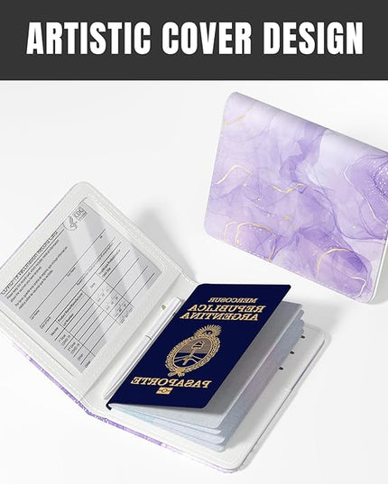 Rimilak Passport Holder, RFID Blocking Passport Cover Wallet Travel Essentials, Leather Travel Air Ticket Documents Organizer Protector for Women and Men, Purple Marble