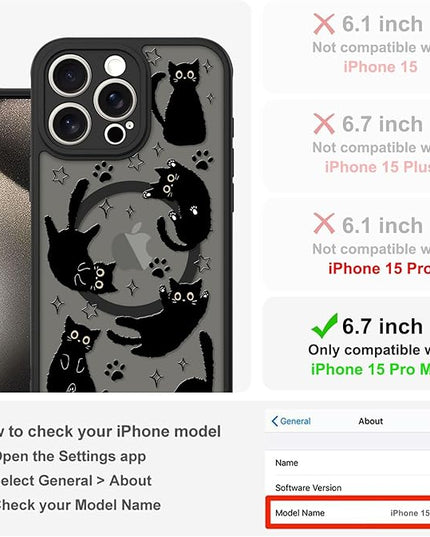 Cute Magnetic Case for iPhone 15 Pro Max Case [ Compatible with MagSafe ] with Black Cat Cats Pattern Design for Women Girls Boys, Soft Bumper Hard Back Kawaii Animal Protective Phone Cover