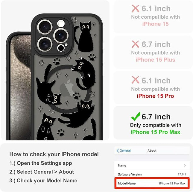 Cute Magnetic Case for iPhone 15 Pro Max Case [ Compatible with MagSafe ] with Black Cat Cats Pattern Design for Women Girls Boys, Soft Bumper Hard Back Kawaii Animal Protective Phone Cover