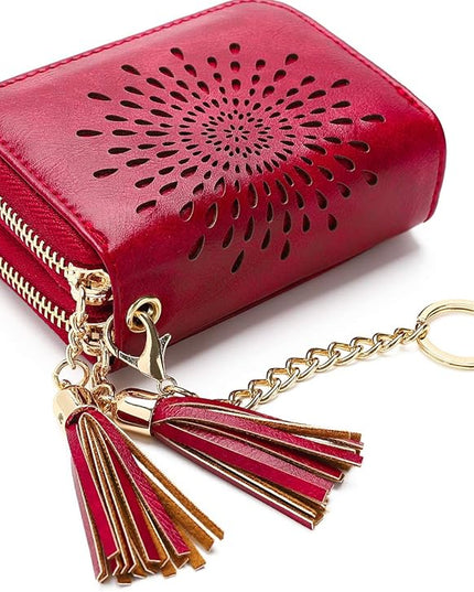 APHISON RFID Credit Card Holder Zipper Card Case Keychain Small Wallet for Women 1942-2 RED