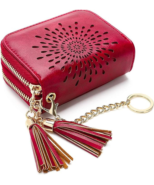 APHISON RFID Credit Card Holder Zipper Card Case Keychain Small Wallet for Women 1942-2 RED