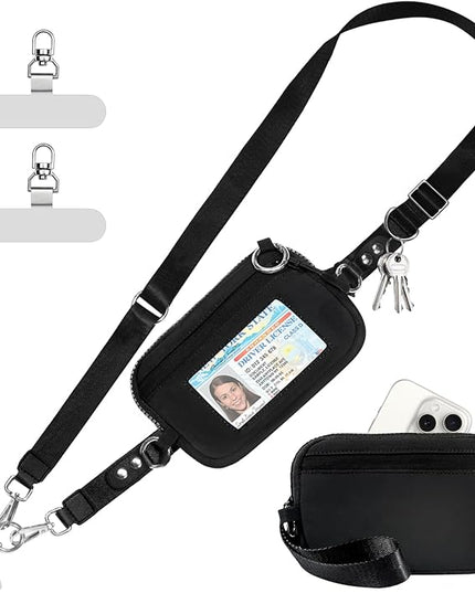 Clip and Go Strap for Phone with Wallet Crossbody Phone Lanyard Adjustable and Detachable RFID Wristlet Wallet with ID Window and Zipper, Black(L)