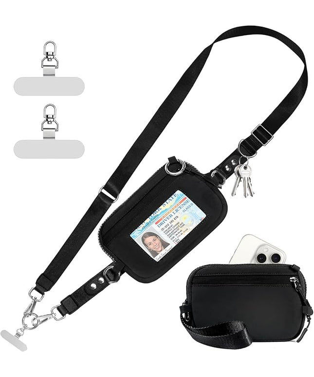Clip and Go Strap for Phone with Wallet Crossbody Phone Lanyard Adjustable and Detachable RFID Wristlet Wallet with ID Window and Zipper, Black(L)