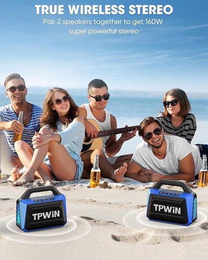 Portable Bluetooth Speakers Loud - Wireless Speaker 80W Peak, Light Show, 20H Playtime, Strong Bass, BT 5.3, TWS, IPX6 Waterproof for Outdoor Travel Beach Camping - Blue