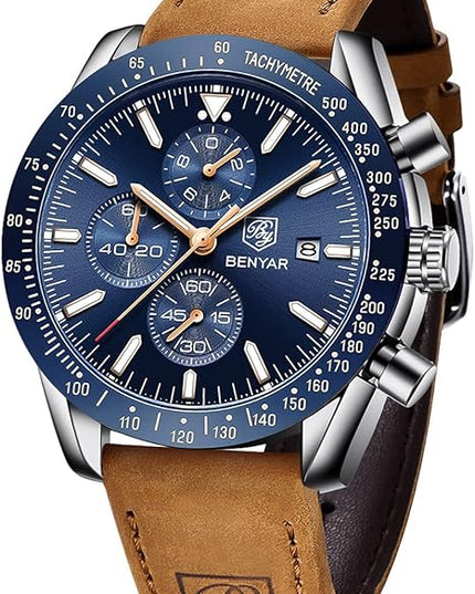 BY BENYAR Watch for Men Analog Quartz Chronograph Waterproof Luminous Designer Mens Wrist Watches Business Work Sport Casual Dress Watch with Silicone Strap Elegant Gifts for Men