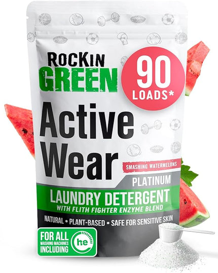 Rockin' Green Laundry Detergent, Plant based, All Natural Laundry Detergent Powder, Vegan and Biodegradable Odor Fighter, Safe for Sensitive Skin (Active Wear 90 Loads - Smashing Watermelons)