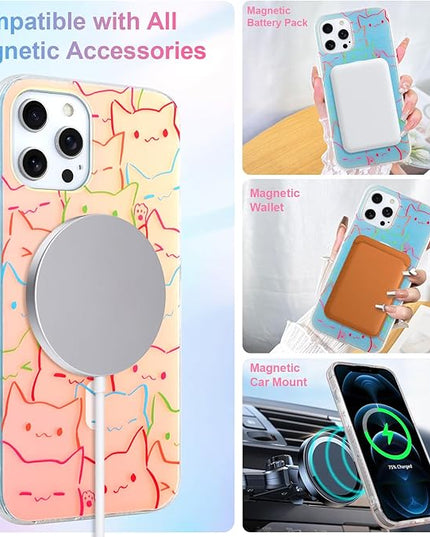 Cute Case for iPhone 12 Pro Max Case for Women Girls Boys [ Compatible with Magsafe ] Iridescent and Black Cats Cat Pattern Design, Kawaii Colorful Animal Soft Bumper Protective Phone Cover