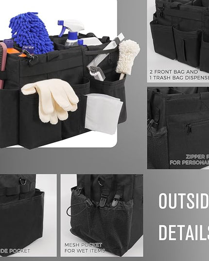 Wearable Cleaning Caddy Organizer with Handle & Shoulder Straps for Housekeepers, Under Sink & Car Cleaning Tool Organizer Bag with 4 Foldable Dividers (Black)