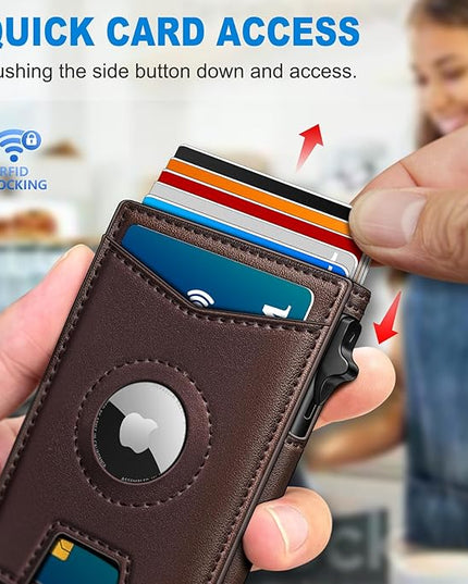 miyozi Airtag Wallet for Men Money Clip 9-Card Pop-Up Credit Card Holder with ID Window RFID Blocking Metal Case Magnetic Closure Front Pocket Wallet Gift Box