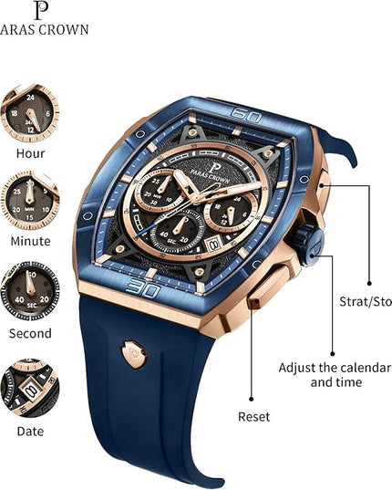 Paras Crown Watches for Men Tonneau 5ATM Waterproof Quartz Luxury Chronograph Analog Men's Wrist Watches Stainless Steel Case Mens Watches