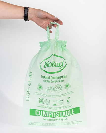 1.2 Gallon Compostable Drawstring Food Scrap Bags by BioBag, 80 Count, BPI Certified, Meets ASTM D6400 Standards, Made in USA, Kitchen Counter Bin Liners