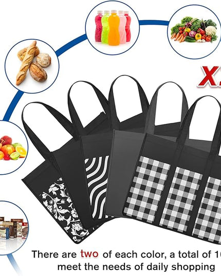 WISELIFE Reusable Grocery Shopping Bags 10 Pack Large Foldable Tote Bags Bulk, Eco Produce Bags with Long Handle for Shopping Groceries Clothes (Plaid D)