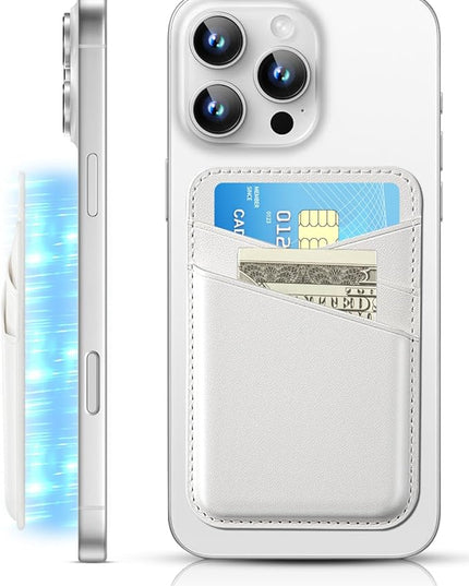 SS Magnetic Card Wallet Compatible with iPhone 16 15 14 13 12 Pro Max Plus Series - Strongest Magnetic Leather Card Holder Stick on for Apple Cell Phone, Mag Safe Wallet for Women Men (White)