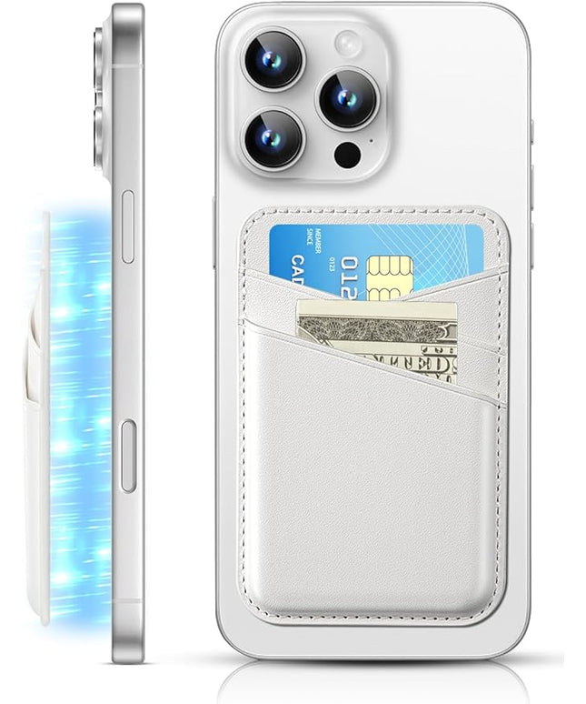 SS Magnetic Card Wallet Compatible with iPhone 16 15 14 13 12 Pro Max Plus Series - Strongest Magnetic Leather Card Holder Stick on for Apple Cell Phone, Mag Safe Wallet for Women Men (White)