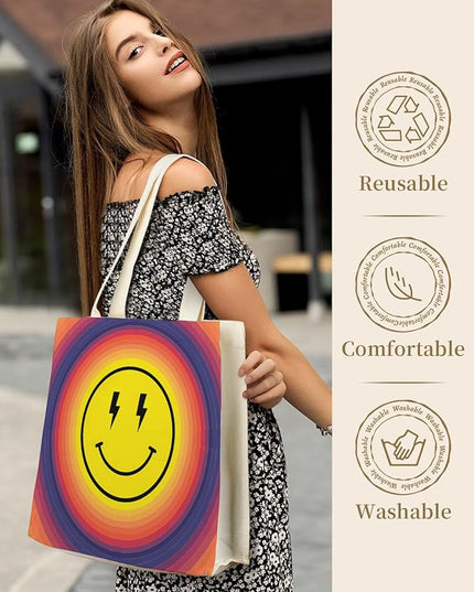 AUSVKAI Canvas Tote Bag Aesthetic for Women, Cute Reusable Bags with Pockets & Snaps for Beach Shopping College Gym Grocery